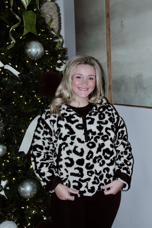 Leopard Sherpa Half Sip Pullover