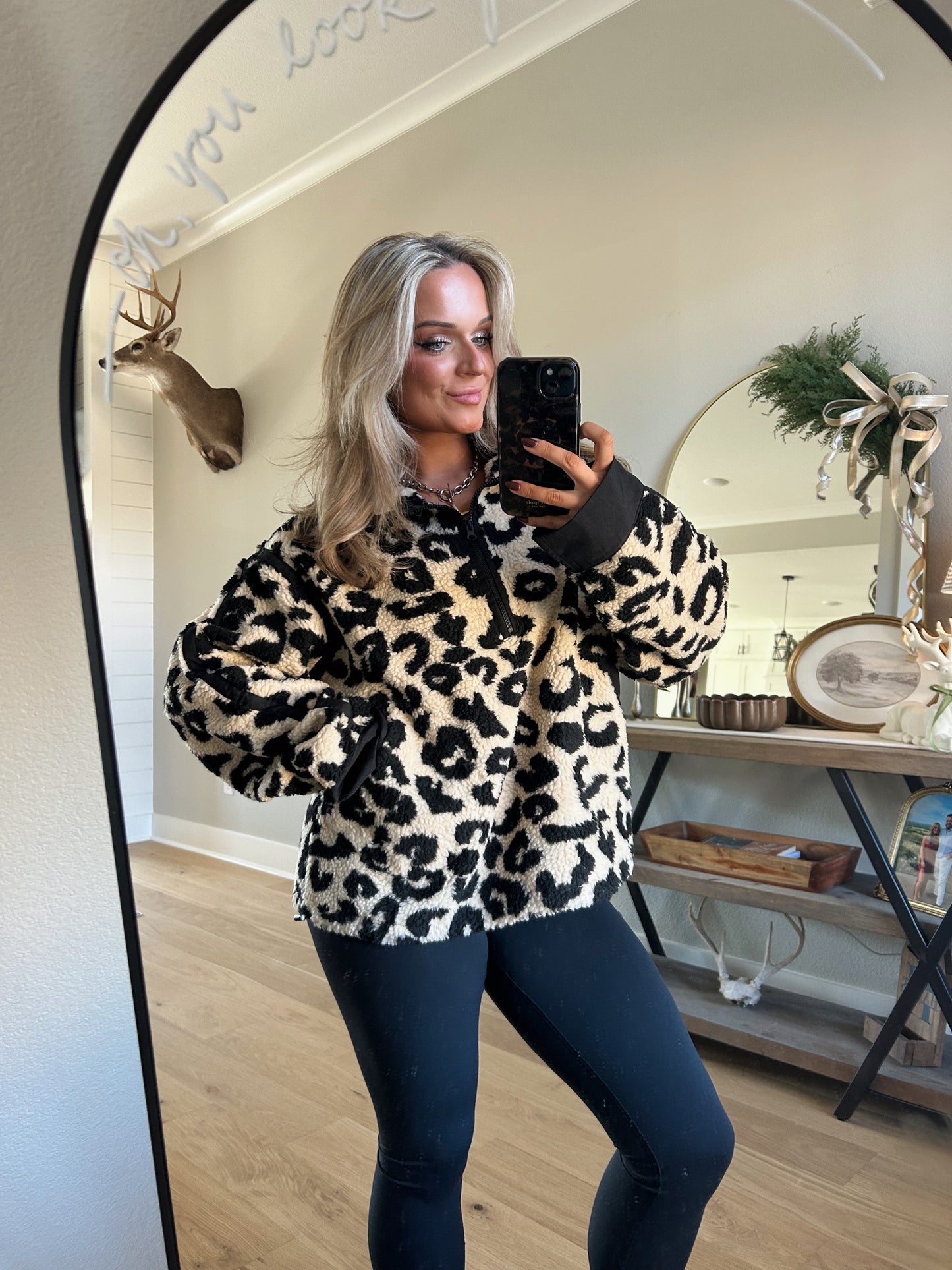 Leopard Sherpa Half Sip Pullover