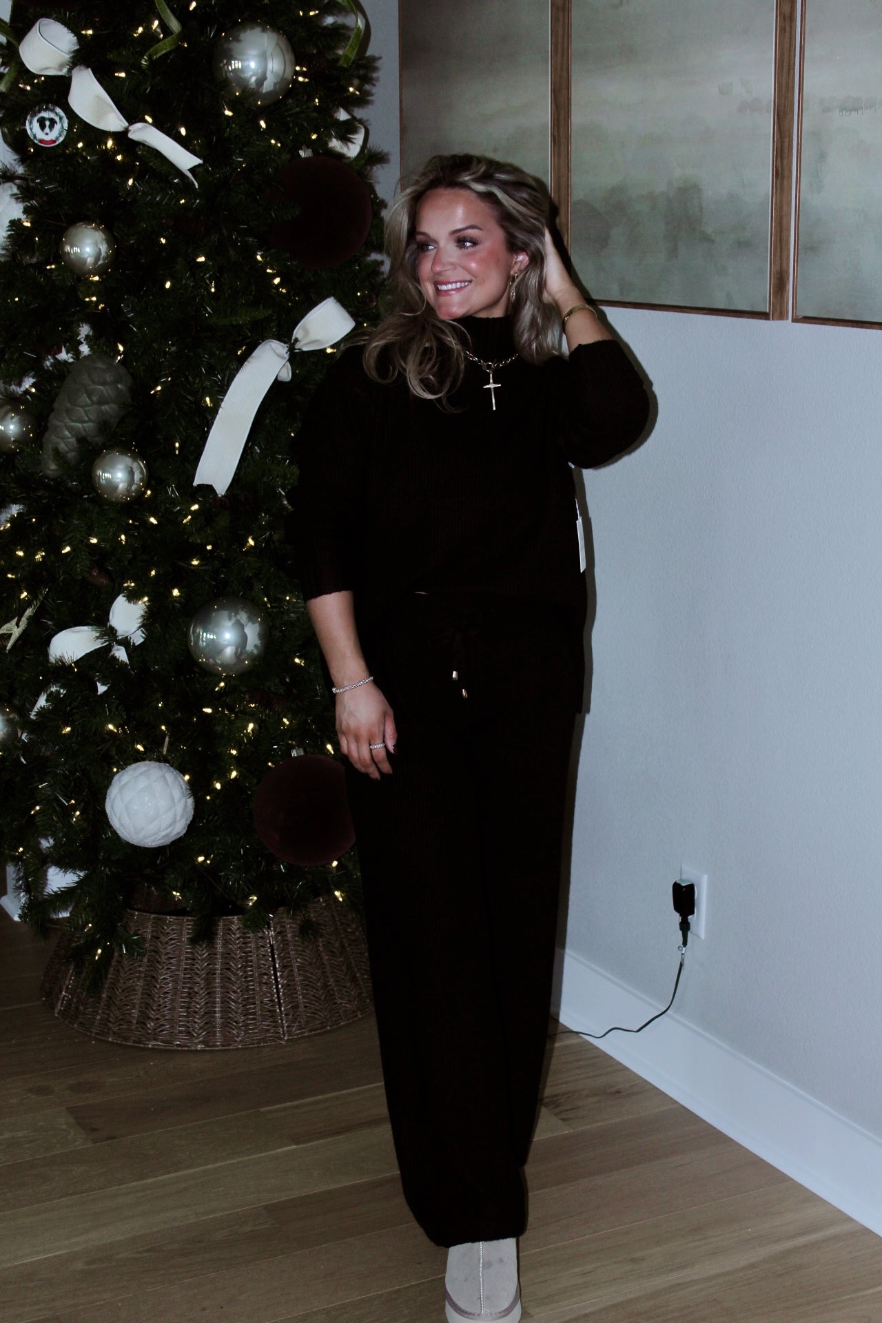 Mock Neck Ribber Sweater Set - Black