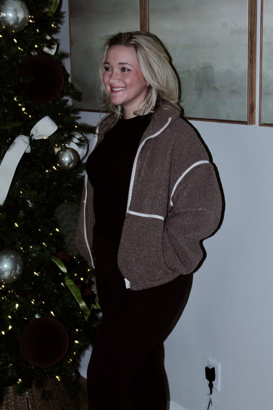 Faux Leather Sherpa Zip-Up Jacket - Stone