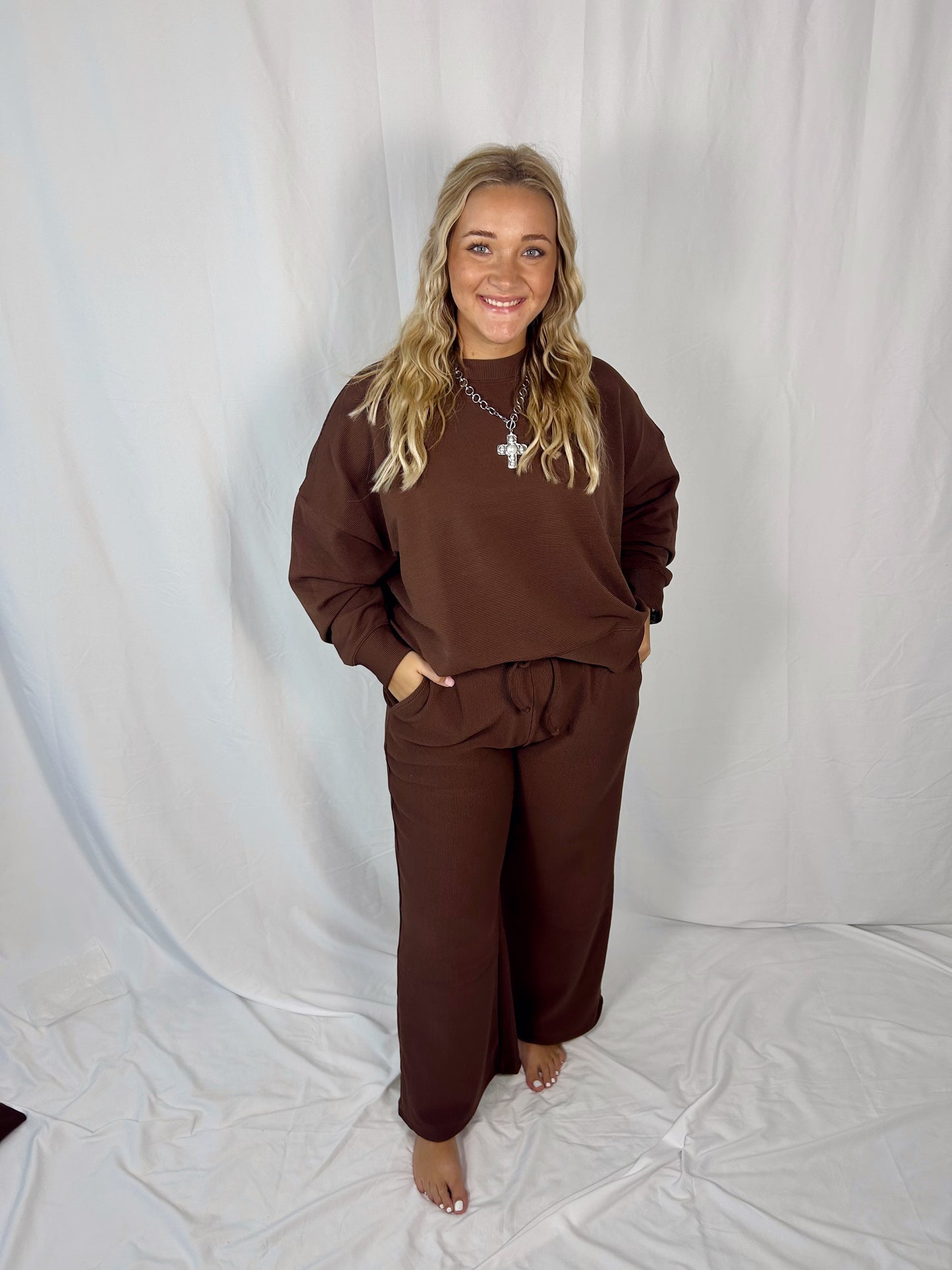 Brown Ribbed Pants Set - Zenana