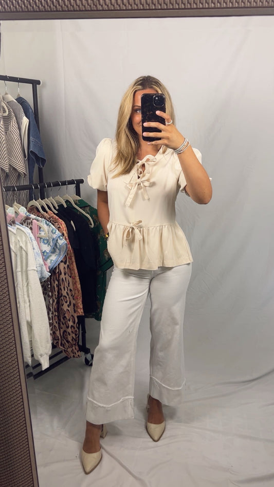 Beige Puff Sleeve Bowknot Blouse