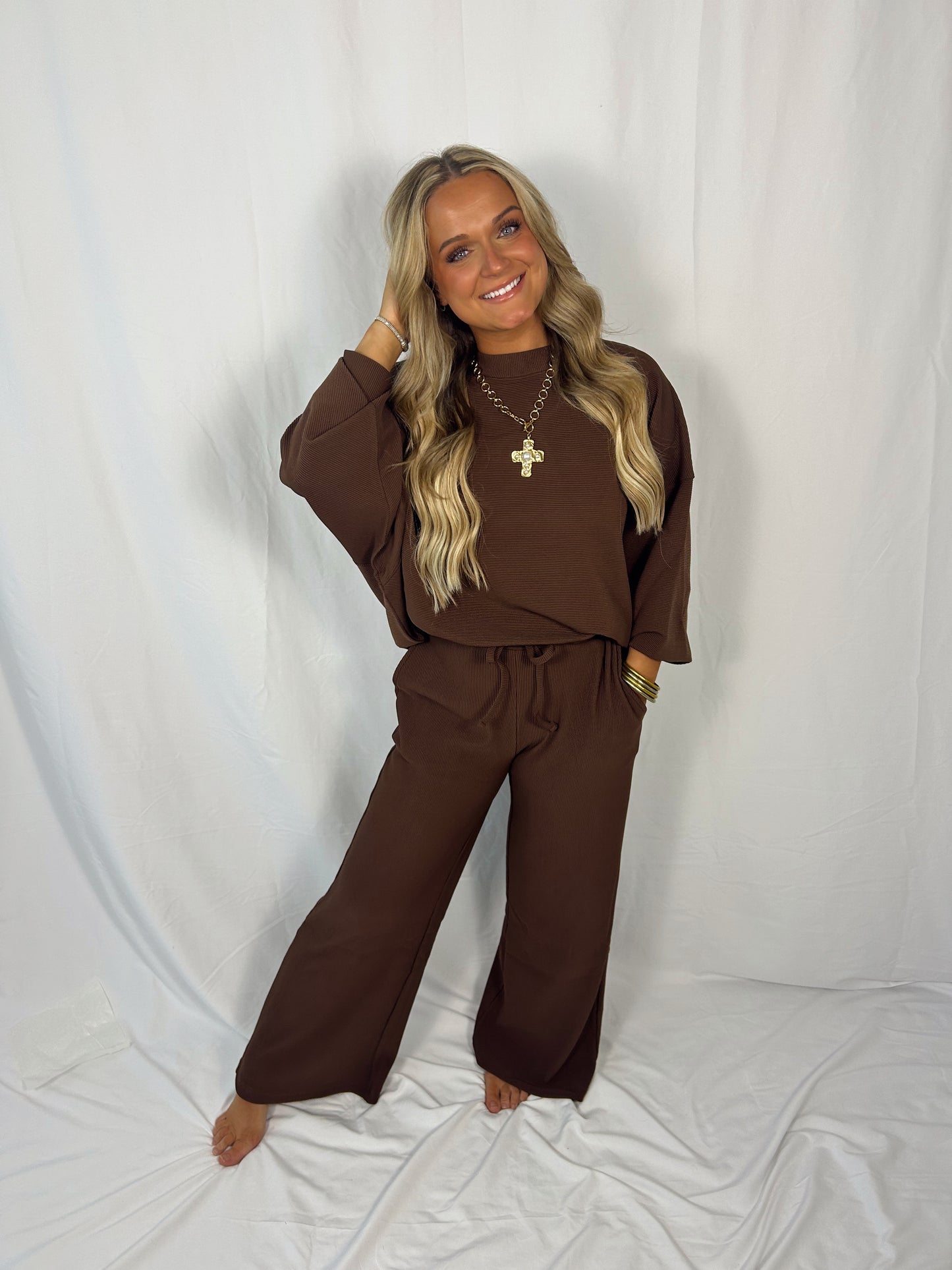 Brown Ribbed Pants Set - Zenana