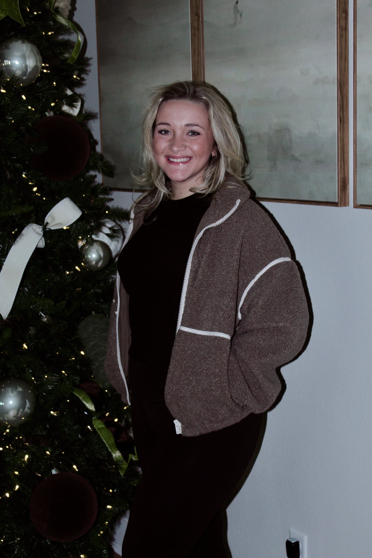 Faux Leather Sherpa Zip-Up Jacket - Stone