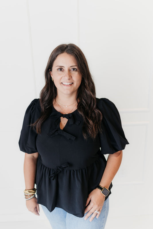 Black Puff Sleeve Bowknot Blouse