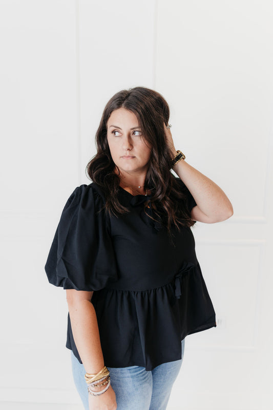 Black Puff Sleeve Bowknot Blouse