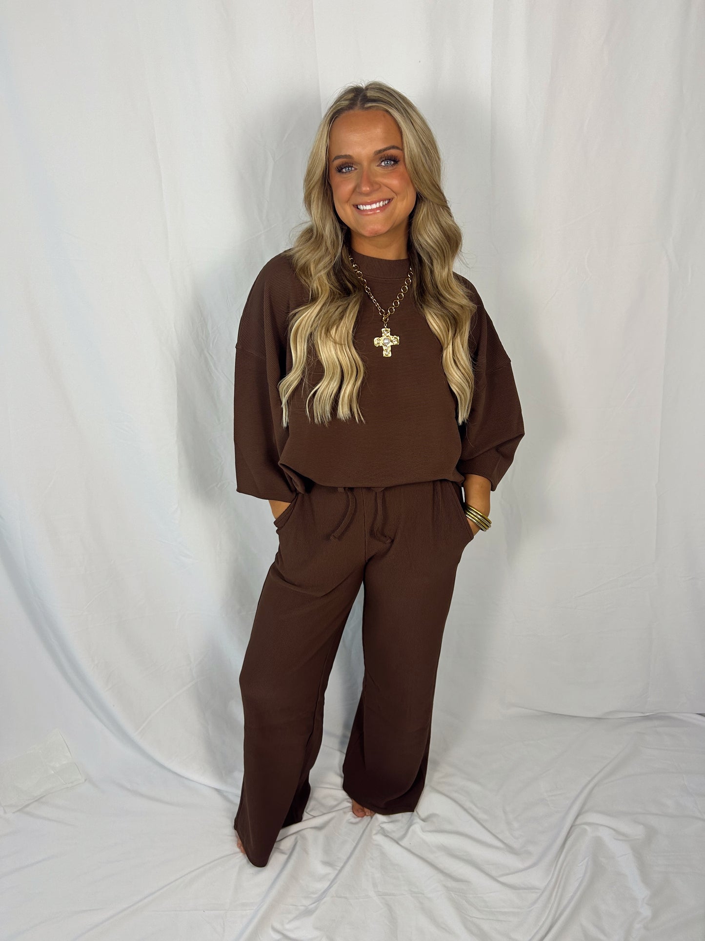 Brown Ribbed Pants Set - Zenana